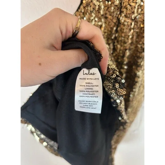 NEW Lulu's Gold Sequin Bodycon CUTOUT Mini Dress Bow Holiday Party Event Small - Picture 6 of 6